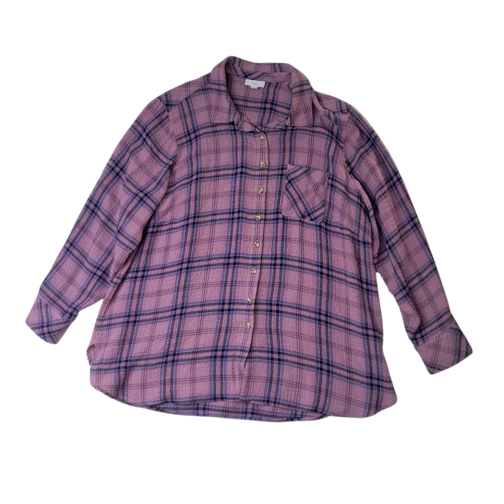 J. Jill Button Down Shirt Womens XL Petite Purple Plaid Long Sleeve Crinkle
